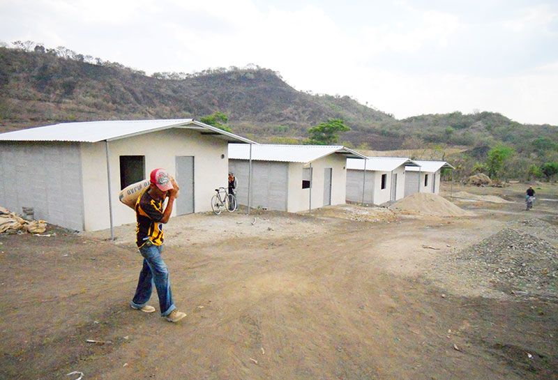 A man carrying a bag of cement in front of a row of houses.